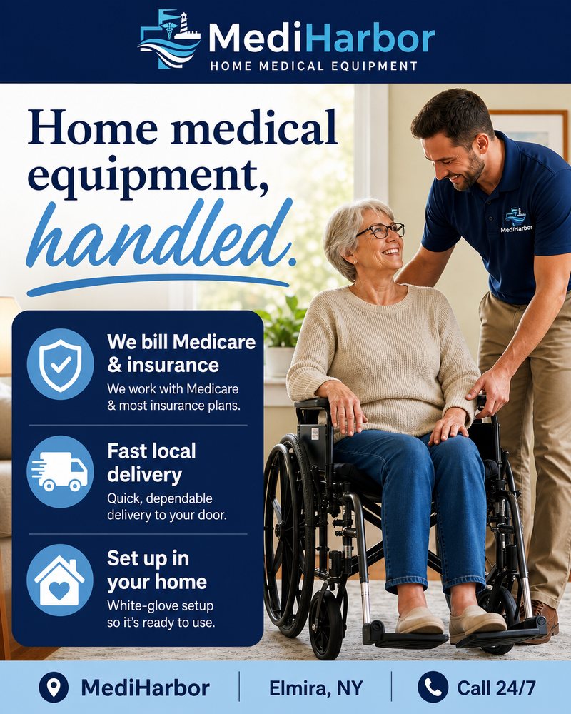 MediHarbor technician helping a client set up a wheelchair in Elmira, NY