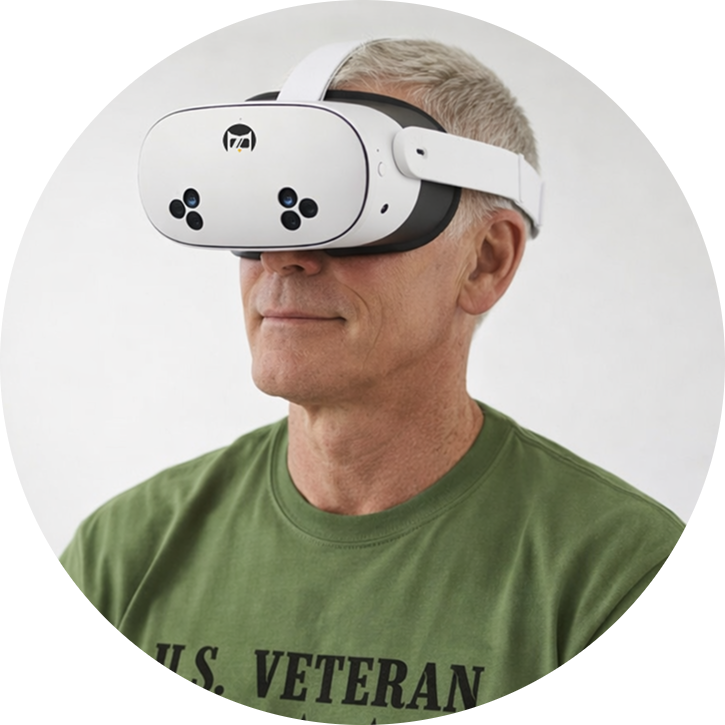 A veteran using the XRHealth VR therapy headset at home